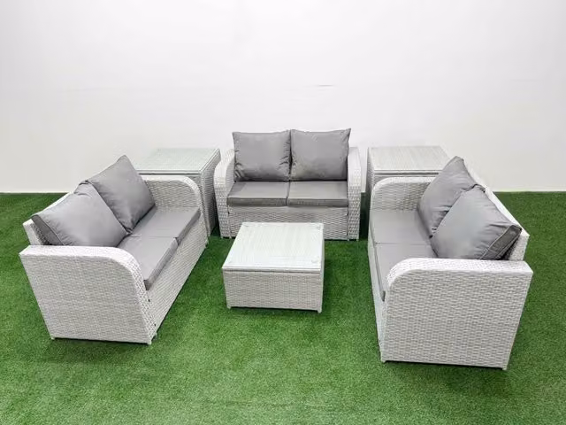 Fimous 6 Seater PE Rattan Garden Furniture Set in Light Grey with Square Coffee Table, 2 Seater Love Sofa and 2 Side Tables