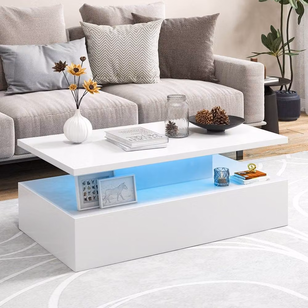 Costway Modern 2-Tier Rectangular Coffee Table with Adjustable LED Light in White – 3