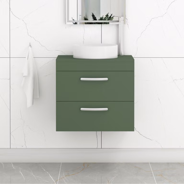 Royal Bathrooms Turin Wall Hung Vanity Unit with 2 Drawers and Countertop Basin, Matt Green, Width: 60 cm