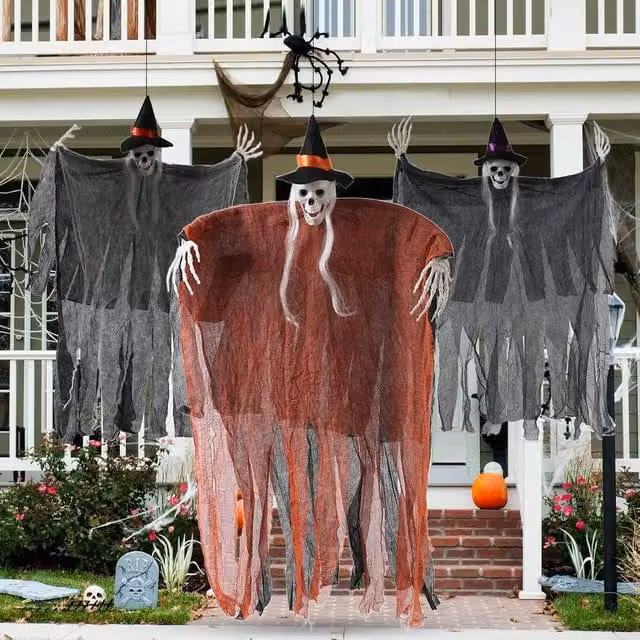 Garwarm 3 Pack Hanging Halloween Skeleton and Ghost Decorations in White and Multicolour