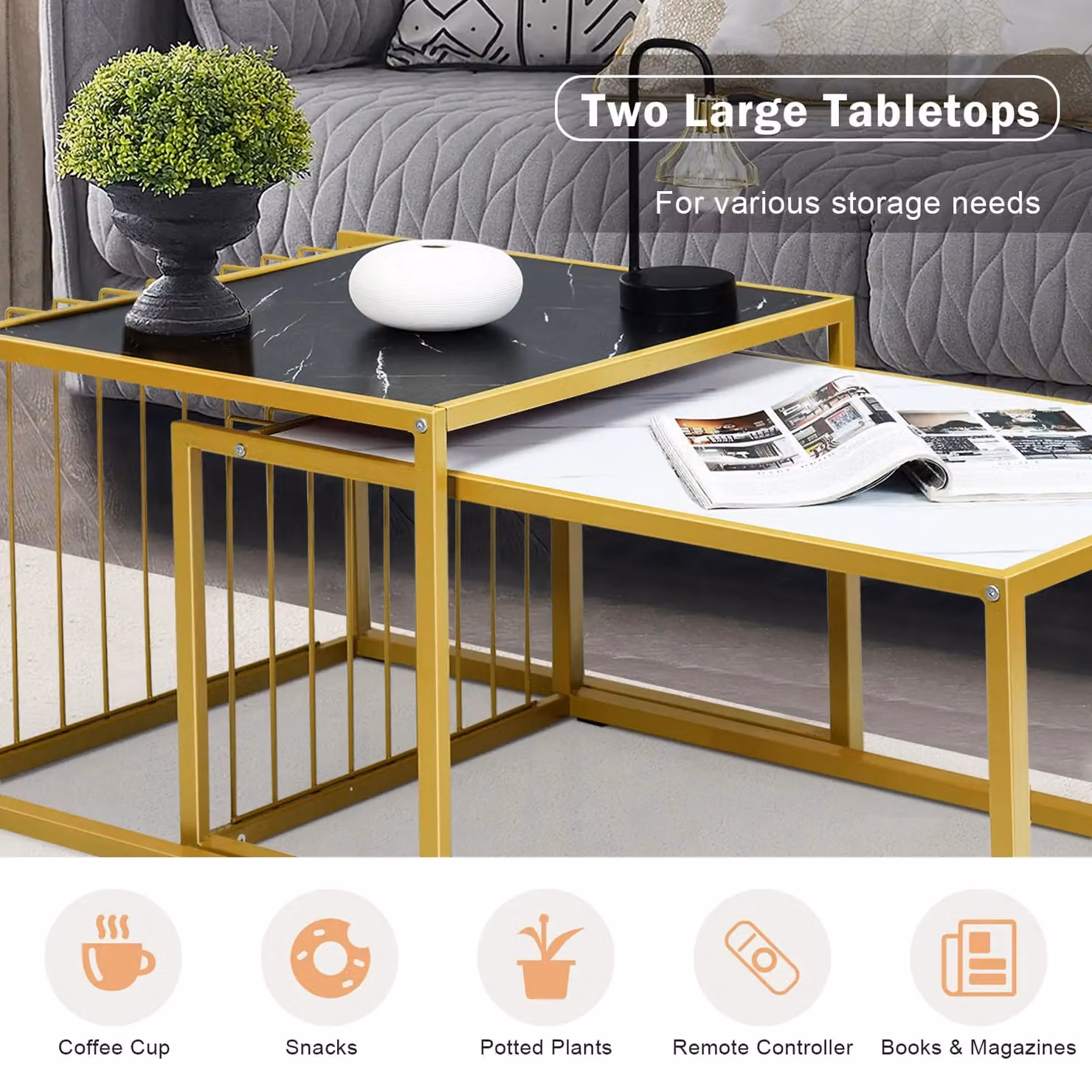 Gymax Nesting Table Set of 2 with Faux Marble Top and Gold Metal Legs – 2
