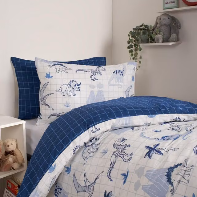 OHS Blue Dinosaur Checked Childrens Duvet Cover Set, W: 140 cm, L: 200 cm