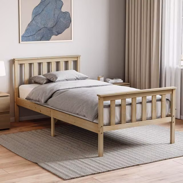 Vida Designs Milan Single Solid Wood Bed with Mattress in Brown and Beige, W/D/H: 90 x 190 cm