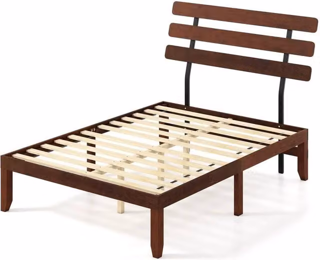 VOGREX Retro Double Solid Wood Bed with Walnut Headboard in Brown, 140 x 200 cm