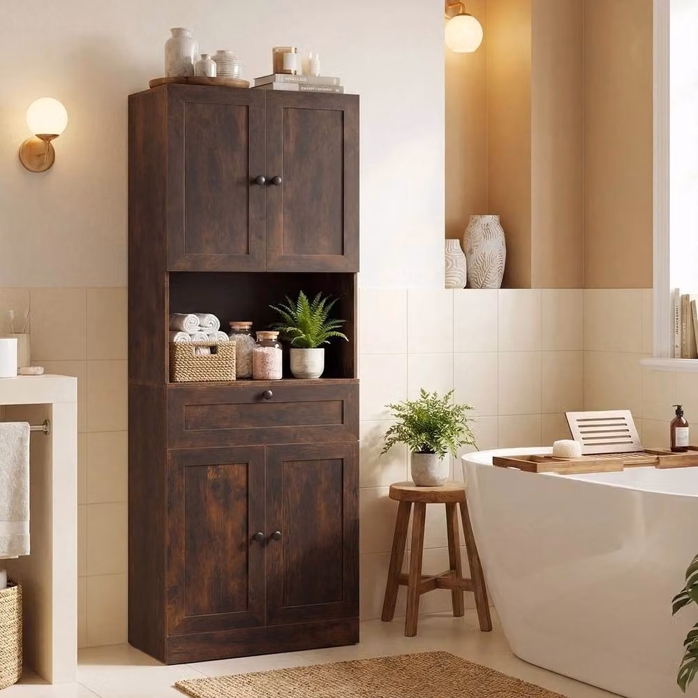 Kelvenix Freestanding Brown Wood Bathroom Cabinet with Soft-Close Doors and Internal Shelves, Height: 171.5 cm – 3