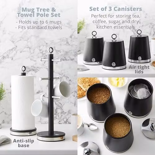 Swan Serenity Complete Essentials Kitchen Set in Black, including 1.7L Rapid Boil Kettle, 4 Slice Toaster, 3 Canisters, Towel Pole and Mug Tree, EEJB479 – 4