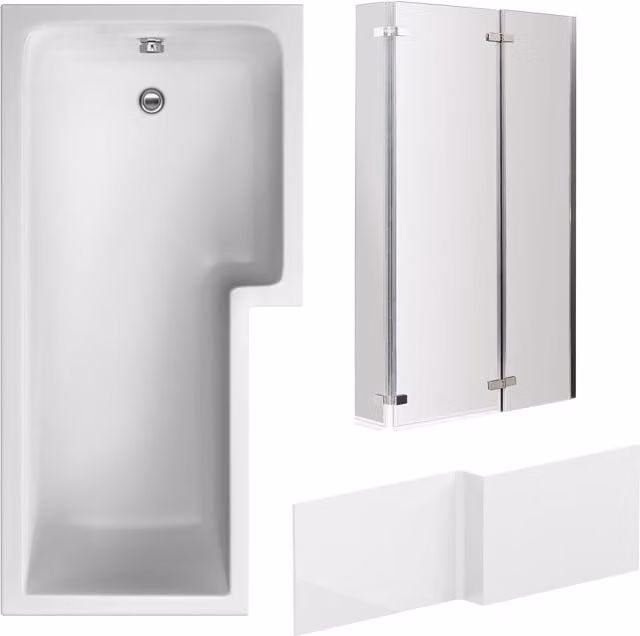 Balterley L-Shaped White Bath with Apron and Right-Hand 3-Panel Chrome Hinge Screen