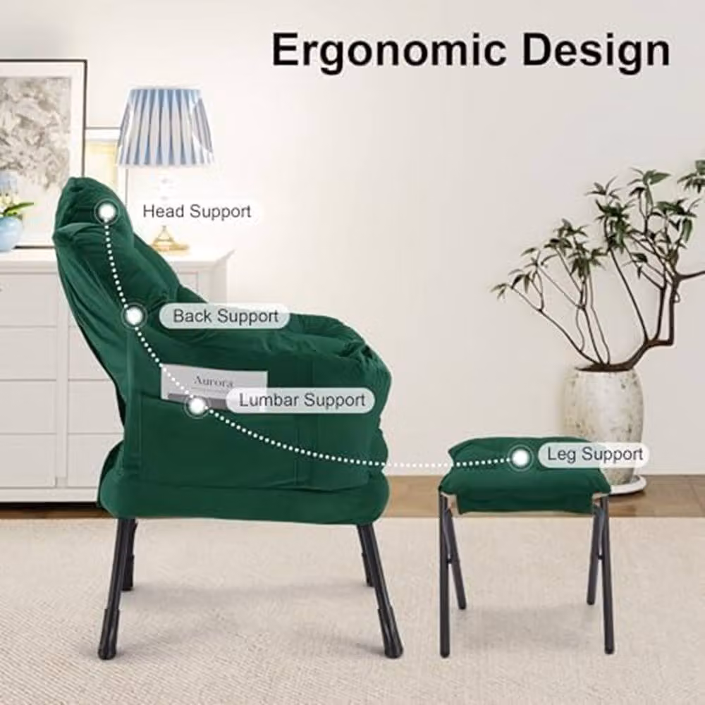 London Boutique Modern Green Velvet Lounge Chair Set with Ottoman and Side Pocket – 3