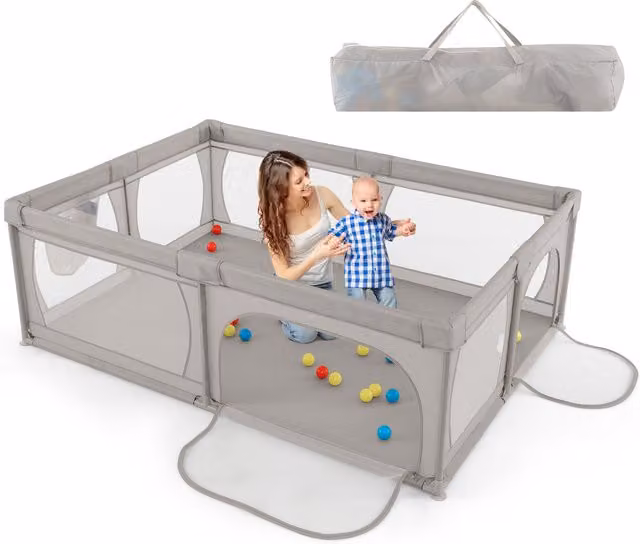 COSTWAY Large Rectangular Baby Playpen in Grey