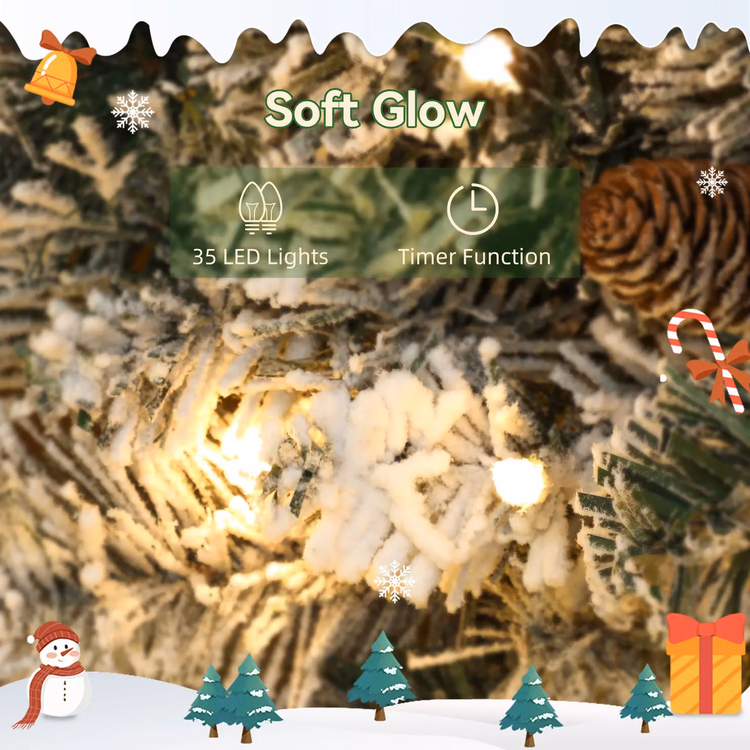 HOMCOM Round Flocked Christmas Wreath with Timer in Green, Silver and White, Diameter: 60 cm – 5