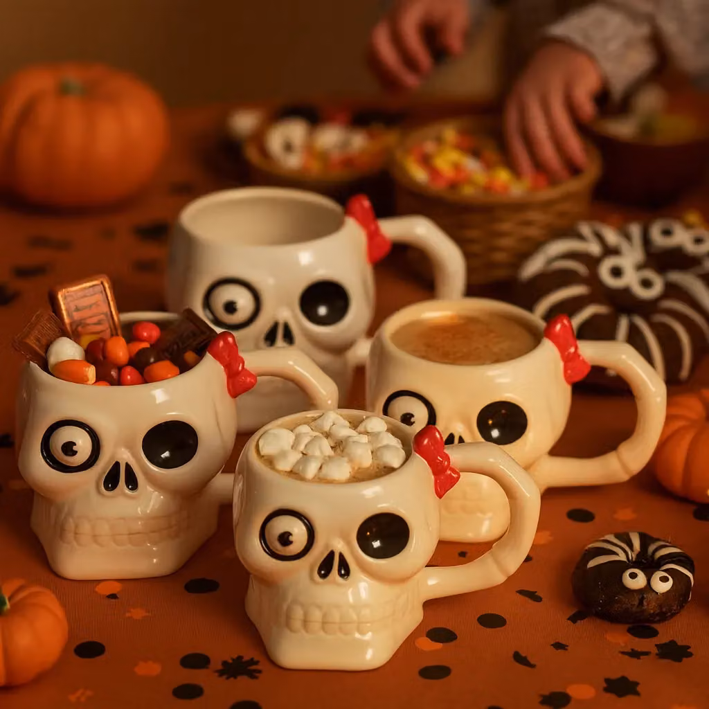 Fax Potato Halloween Skull Stoneware Mugs, Pack of 4, White, 750ml – 2