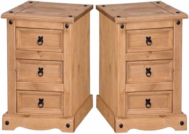 FORGEVIO Rustic Natural Pine 3 Drawer Bedside Cabinet and Narrow End Table