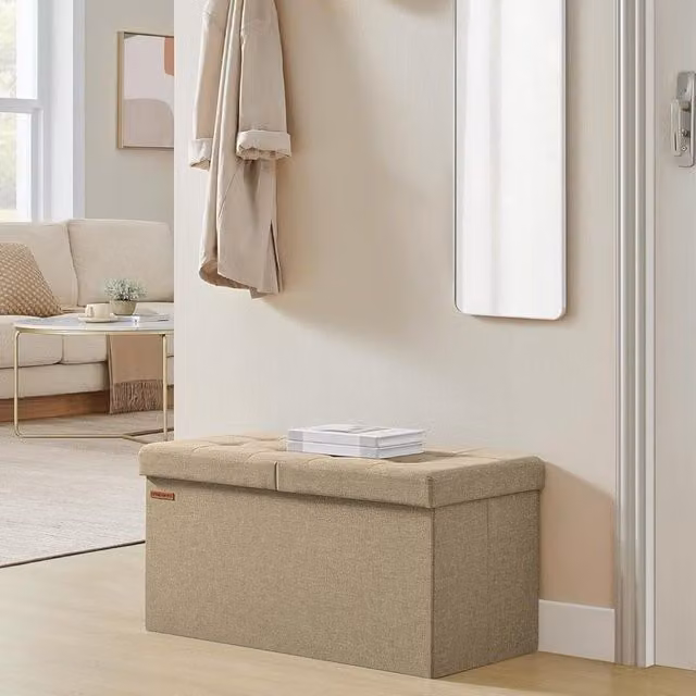 SONGMICS Medium Foldable Storage Bench Ottoman with Padded Flipping Lid in Brown