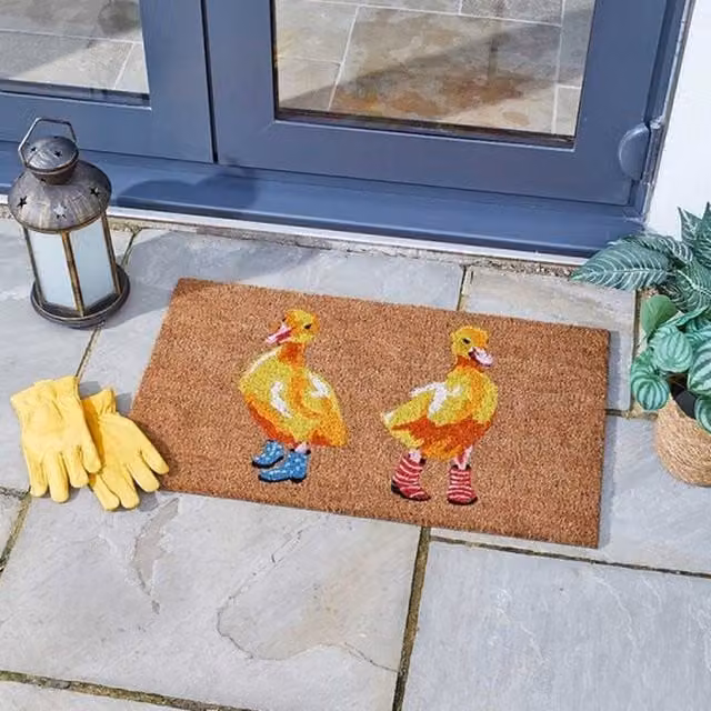 Garden Mile Heavy Duty Rectangular Coir Door Mat with Duck Graphic in Brown, Yellow, Pink or Blue