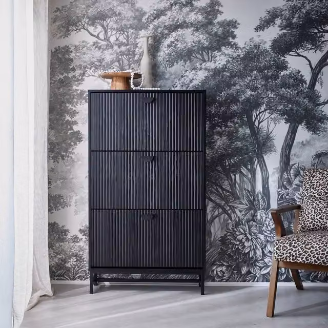 sweeek Modern Black Shoe Cabinet with Grooved Tilting Doors
