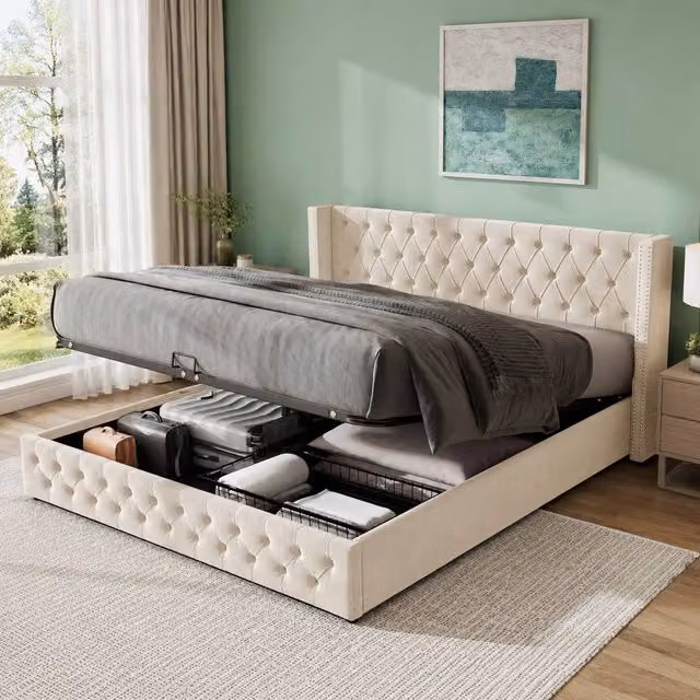 STILVORA Modern Upholstered Double Bed with Lift Up Storage Base in Beige – 1