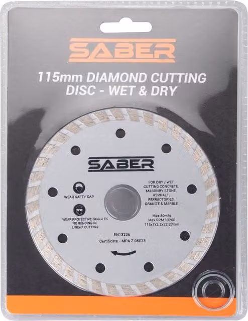 Saber 115mm Silver Diamond Cutting Disc for Stone and Concrete