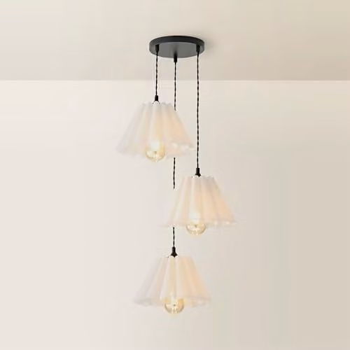 ValueLights Lauren 3 Drop Cluster Ceiling Pendant Light with White Pleated Fabric Shades and Matte Black Metal Fitting