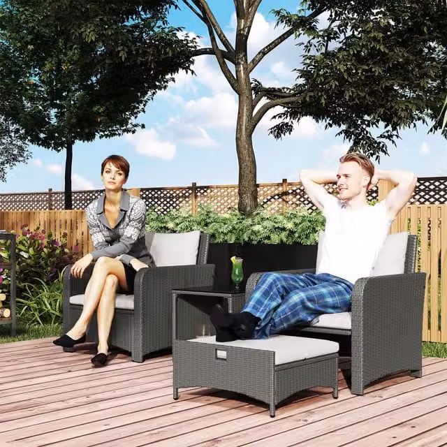 Outsunny 5 Piece Modern Rattan Garden Furniture Set with Ottomans in Cream