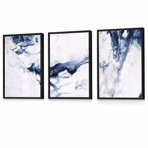 ARTZE Set of 3 Navy Blue Abstract Ocean Waves Wall Art with Black Frames, W: 33 cm, H: 45 cm, D: 2 cm