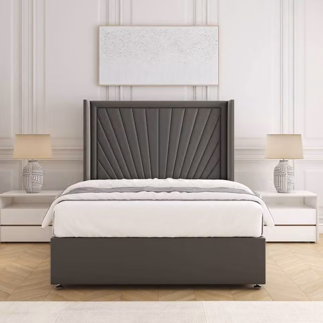 BSSPOKE Alina Double Divan Bed Set with 54 inch Headboard and Mattress in Grey Plush Velvet, W/D/H: 140 x 200 cm