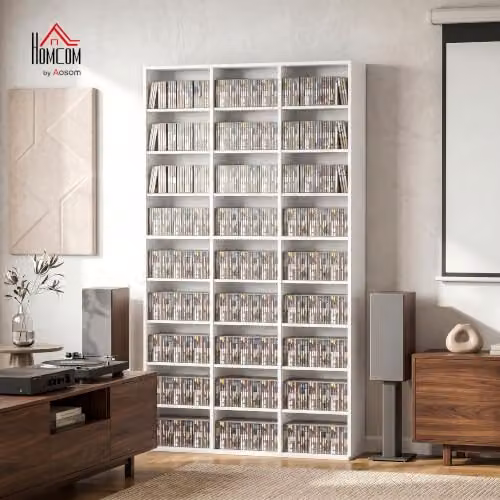 HOMCOM 835 White Media Storage Unit with Adjustable Shelves, H 175 x W 100 x D 33.6 cm – 2