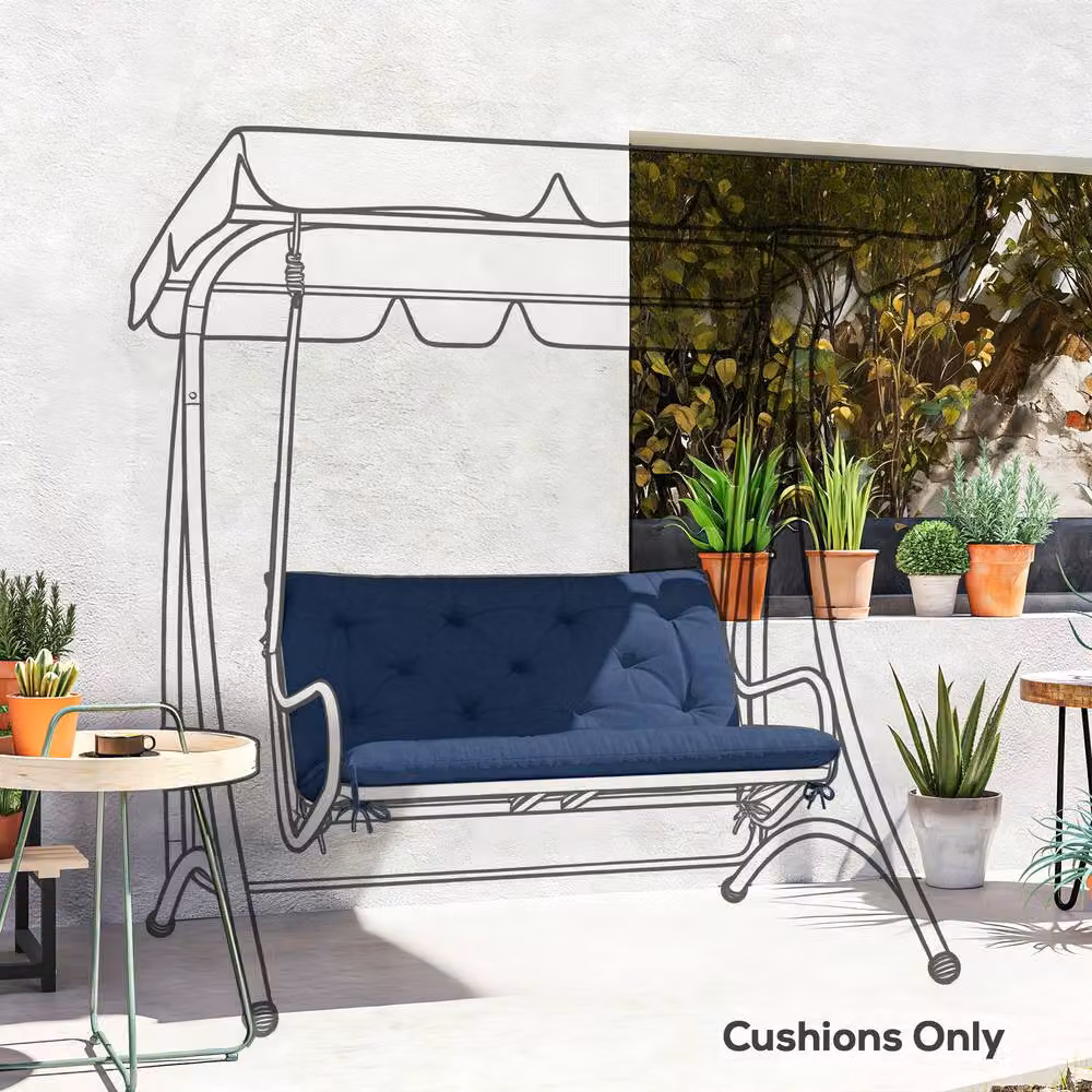 Outsunny 2 Seater Garden Bench Cushion in Dark Blue with Tie Cords and Water Repellent Polyester Fabric – 2