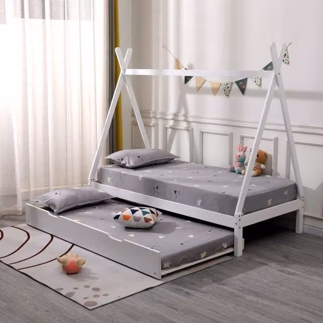 SlumberWorx Harry Kids Wooden Teepee Tent Single Bed Frame with Guest Trundle in White