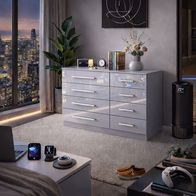 Harmin High Gloss 8 Drawer Sideboard in Grey W/D/H: 113 x 40 x 74.5 cm – 3