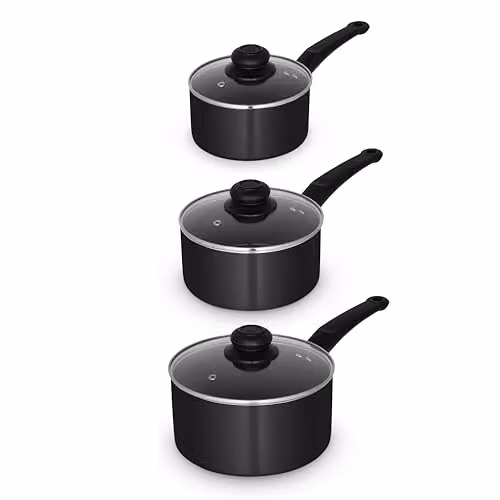 Swan Townhouse 3 Piece Saucepan Set with Glass Lids and Bakelite Handles, Black