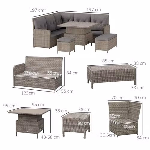 Outsunny 7 Seater Rattan Garden Furniture Set in Grey with Upholstered Cushions, W/D/H: 123 x 55 x 84 cm – 5