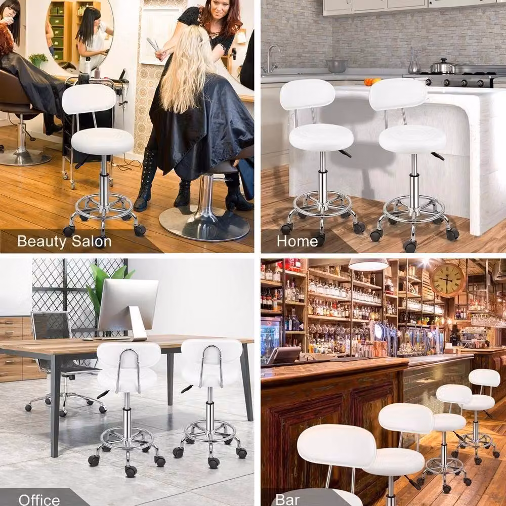 Nordara Salon Swivel Stool with Backrest in White with Synthetic Leather and Castors – 3