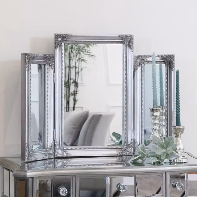 Melody Maison Ornate Vintage Silver Triple Dressing Table Mirror, W: 55 cm, H: 74 cm