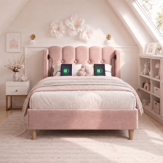 Merax 3ft Single Upholstered Velvet Bed Frame with Wingback and USB Charging Station, Pink, W/D/H: 90 x 190 x 103 cm – 1