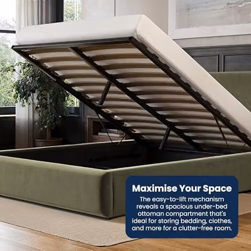 Flair Furnishings Alba Ottoman Bed, King Size Upholstered Bed Frame with Storage and Curved Headboard, Green Velvet, H 221 cm x W 180 cm x D 200 cm – 4
