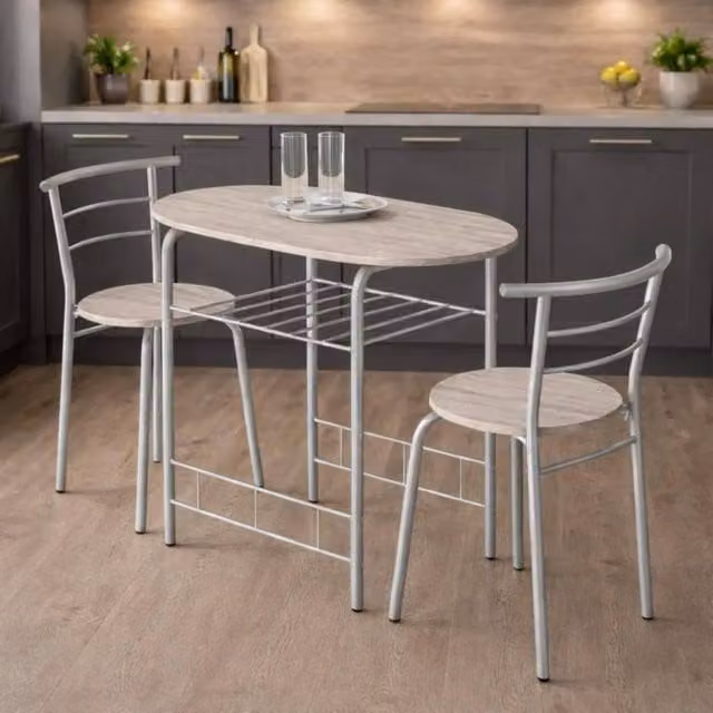 SPOT ON DEALZ 2 Seater Dining Table and Chairs Set with Oak MDF Top and Metal Frame in Light Oak – 1