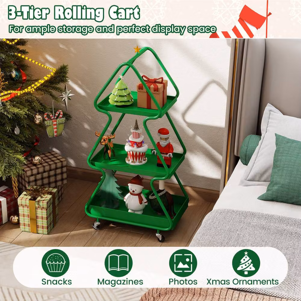 Costway 3-Tier Rolling Christmas Tree Storage Cart with Topper Star in Green – 6