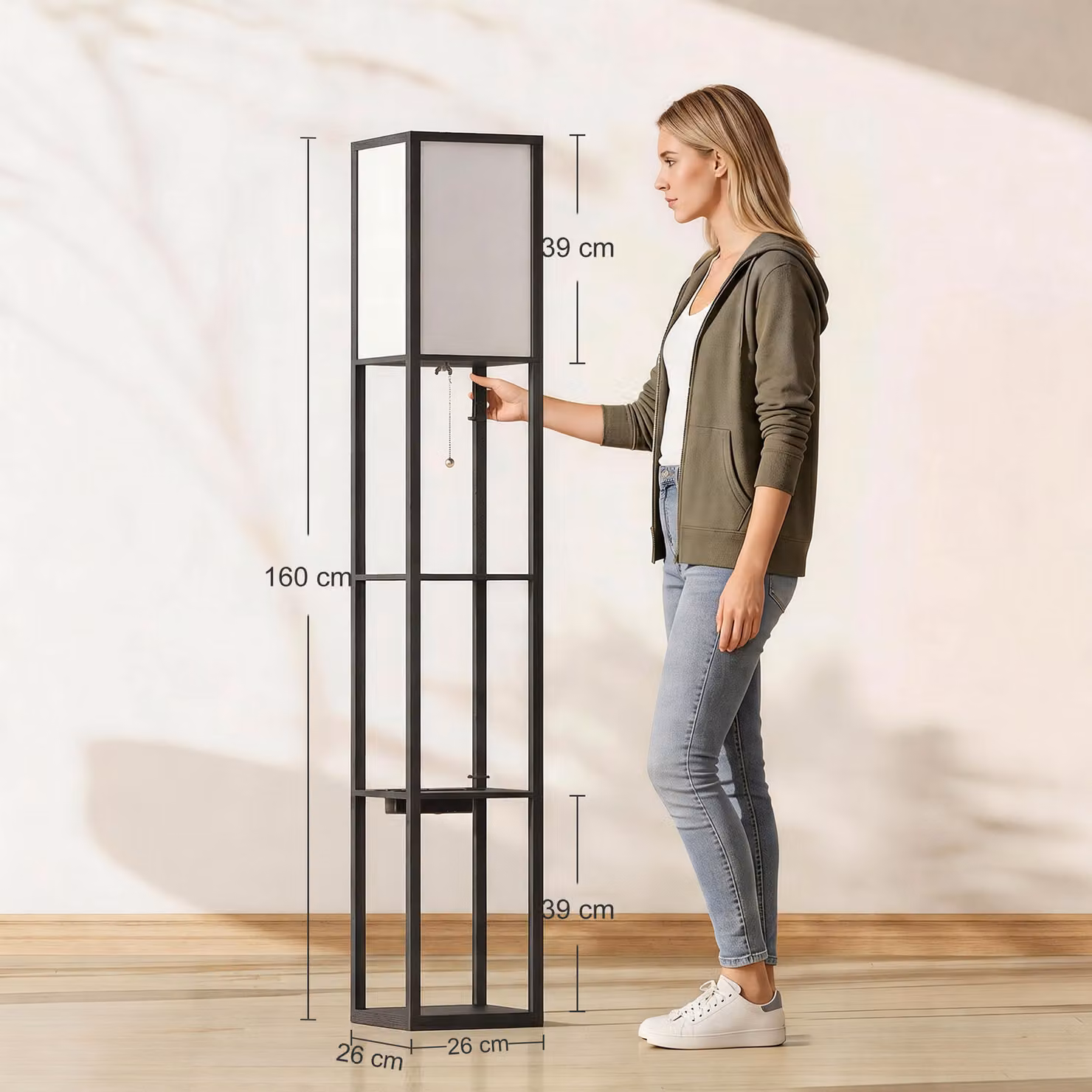HOMCOM Modern Black Floor Lamp with 3-Layer Shelves and LED Lighting – 3