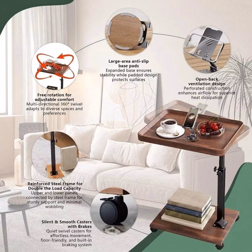 FORGEVIO Adjustable Side Table with Wheels and Rotating Top in Brown, Height: 45 - 80 cm – 3