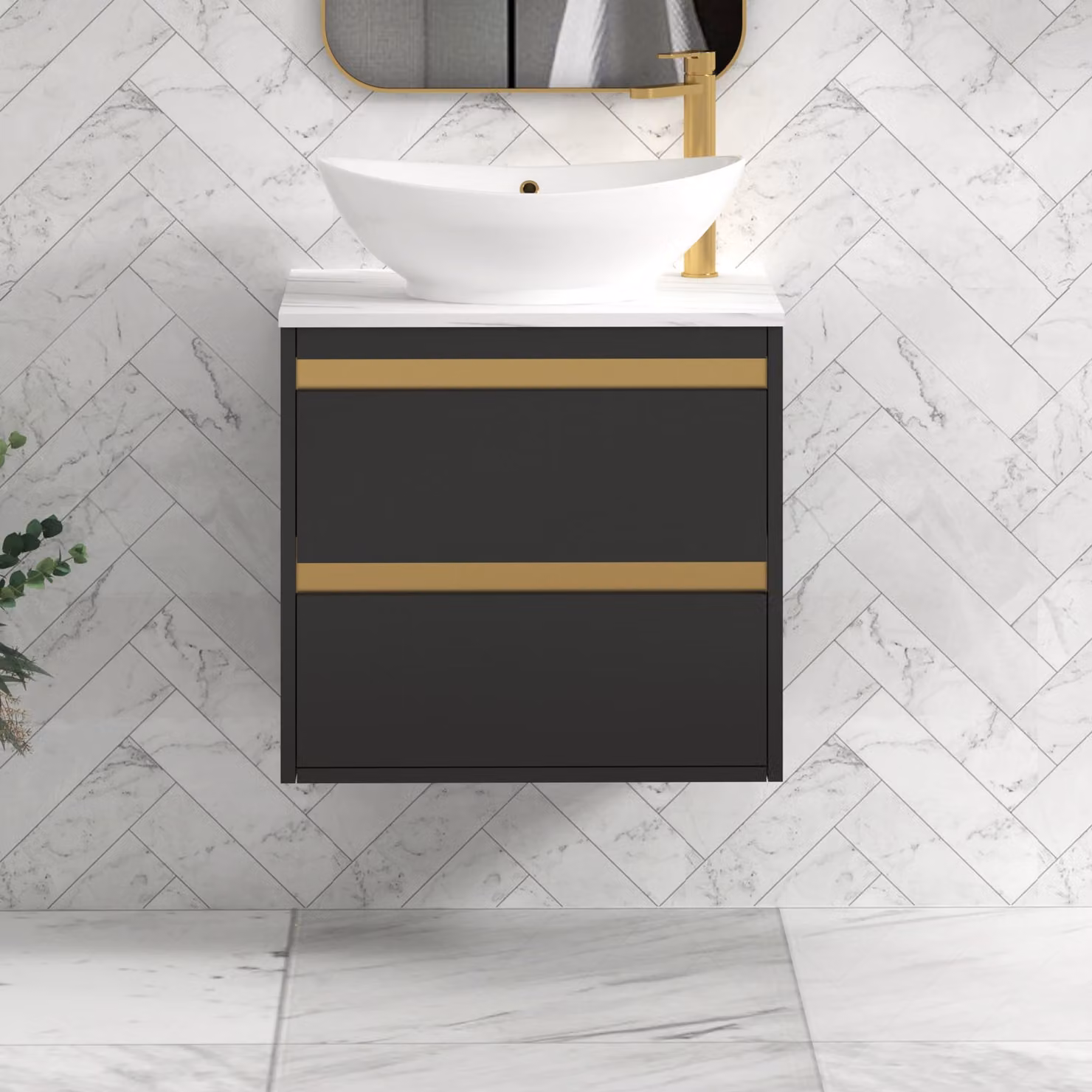 Royal Bathrooms Orion 600mm Wall Hung Matt Obsidian Black Vanity Unit with Amaze Basin and Brushed Brass Accent Trim