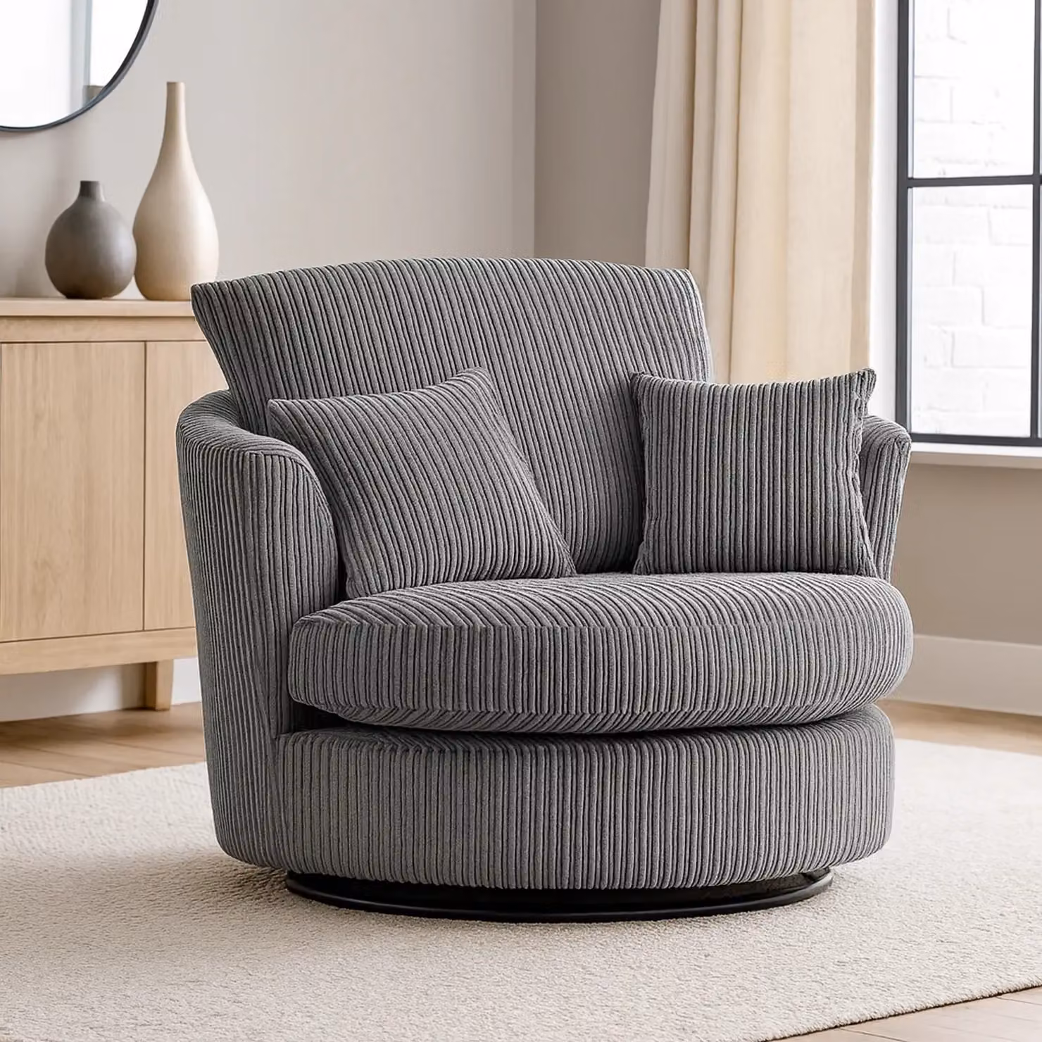 Luxor Living Grey Jumbo Cord Fabric 360 Degree Swivel Tub Chair, H 110 cm x W 80 cm x D 105 cm – 4