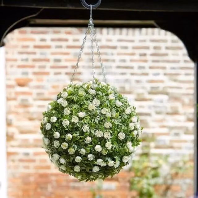 Garden Mile Hanging Artificial White Rose Topiary Ball in Green with Galvanised Steel Metal Frame