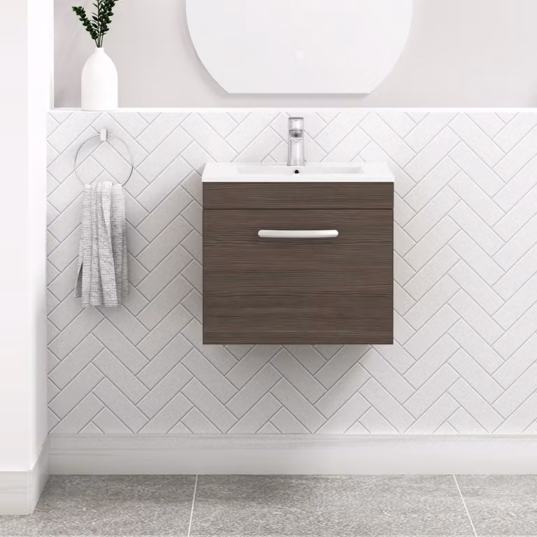 Royal Bathrooms Turin Grey Elm Wall Hung 1 Drawer Vanity Unit with Minimalist Basin