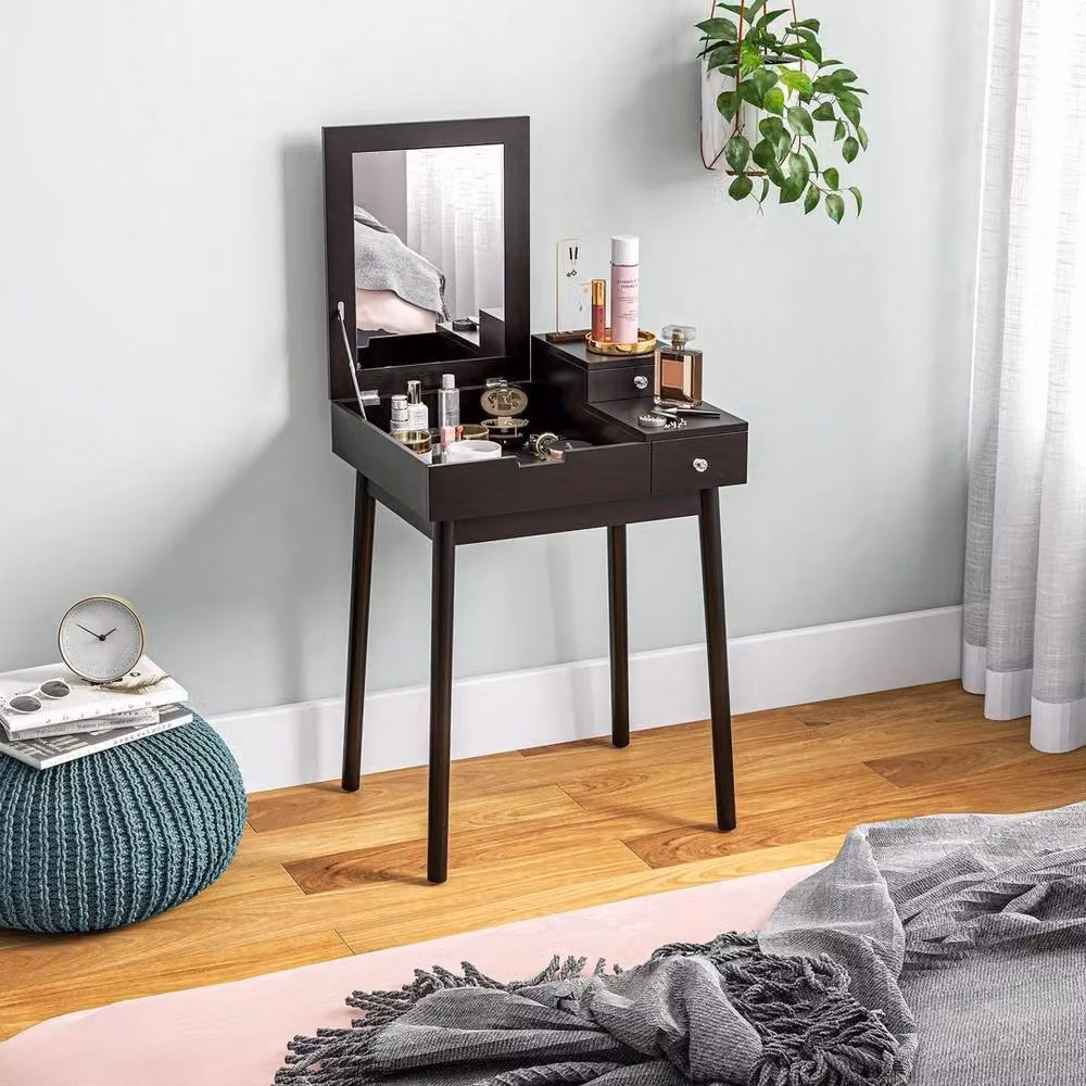 FORGEVIO Black Dressing Table Vanity Desk with Flip-up Mirror and 2 Drawers – 5