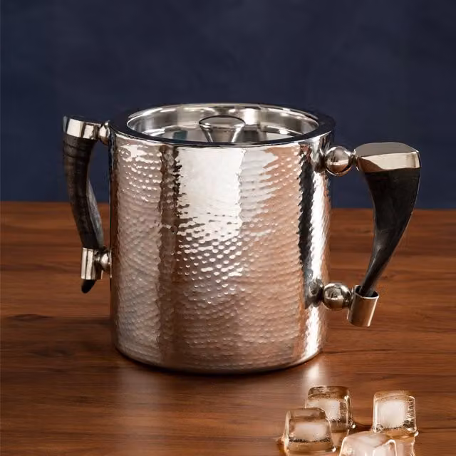 Orsina Hammered Stainless Steel Ice Bucket with Lid and Tongs in Silver and Black