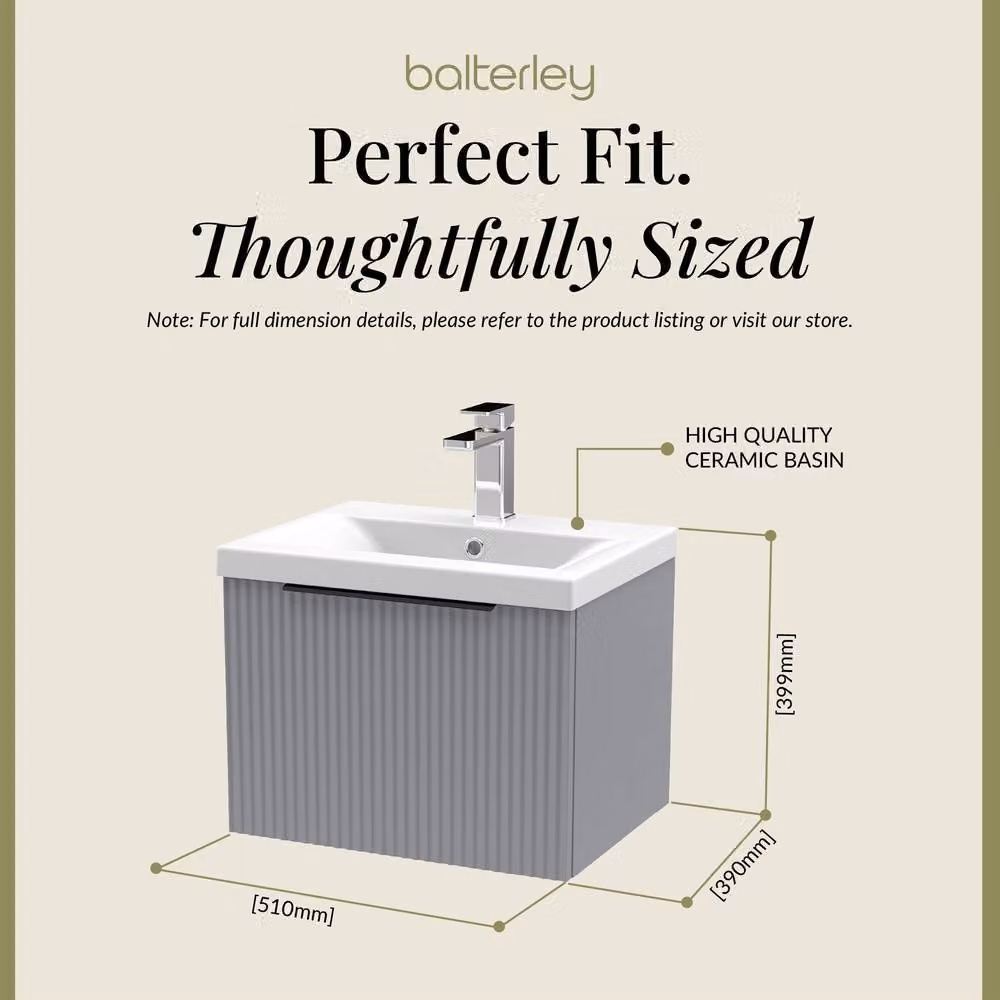 Balterley Front Wall Hung Single Drawer Vanity Basin Unit, Satin Grey, Width: 50 cm – 2