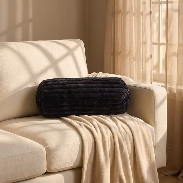 OHS Black Faux Fur Ribbed Round Bolster Cushion Neck Roll Pillow