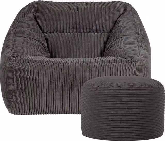 ICON Corduroy Bean Bag Armchair with Round Footstool in Charcoal Grey – 1