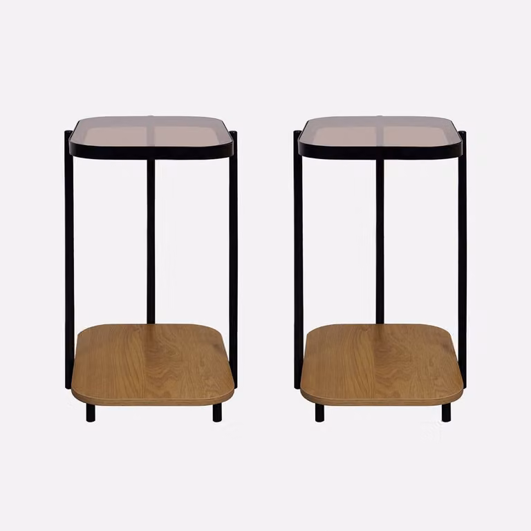 sweeek Set of 2 Vintage Round Side Tables with Black Metal Frames and Light Brown Glass Tops, H 60 cm x W 37 cm x D 37 cm