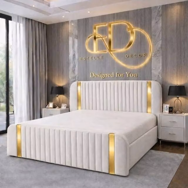 Stratus Interiors Aura Rounded Panel Bed Frame in White Velvet with Gold Accents, King Size (W: 150 cm, D: 200 cm)